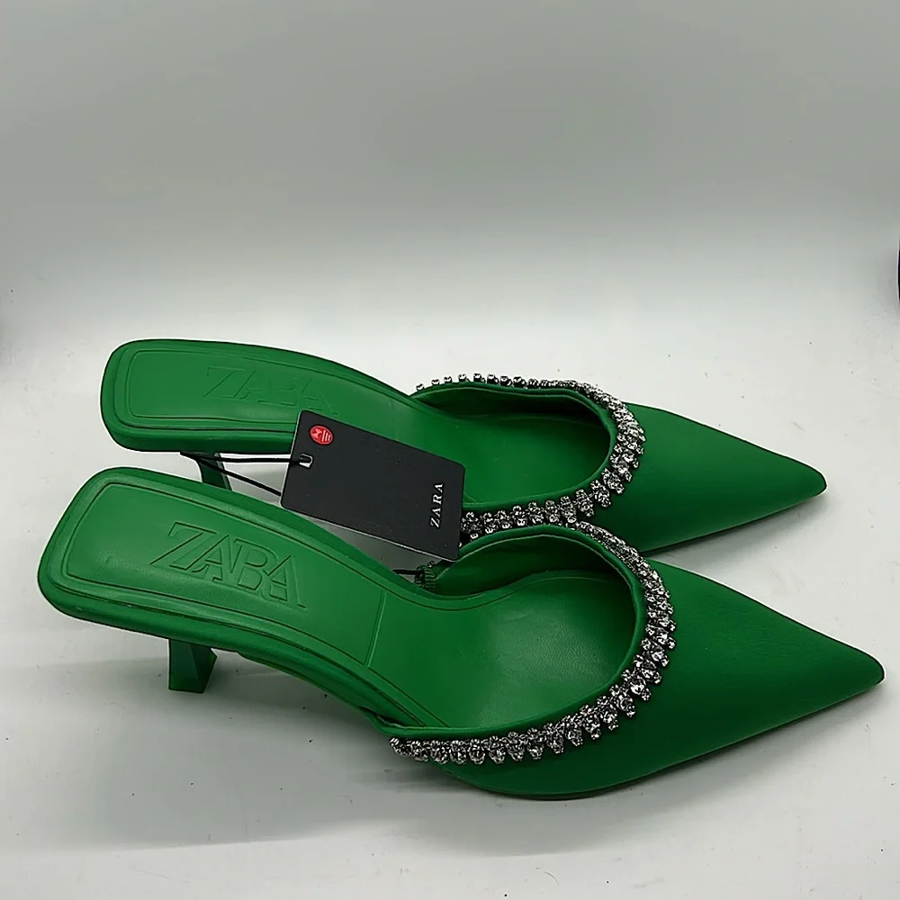 Zara NWT Emerald Green Rhinestones Heels Sandals Shoes **Size 36/US 6**💚💚 - Picture 3 of 7
